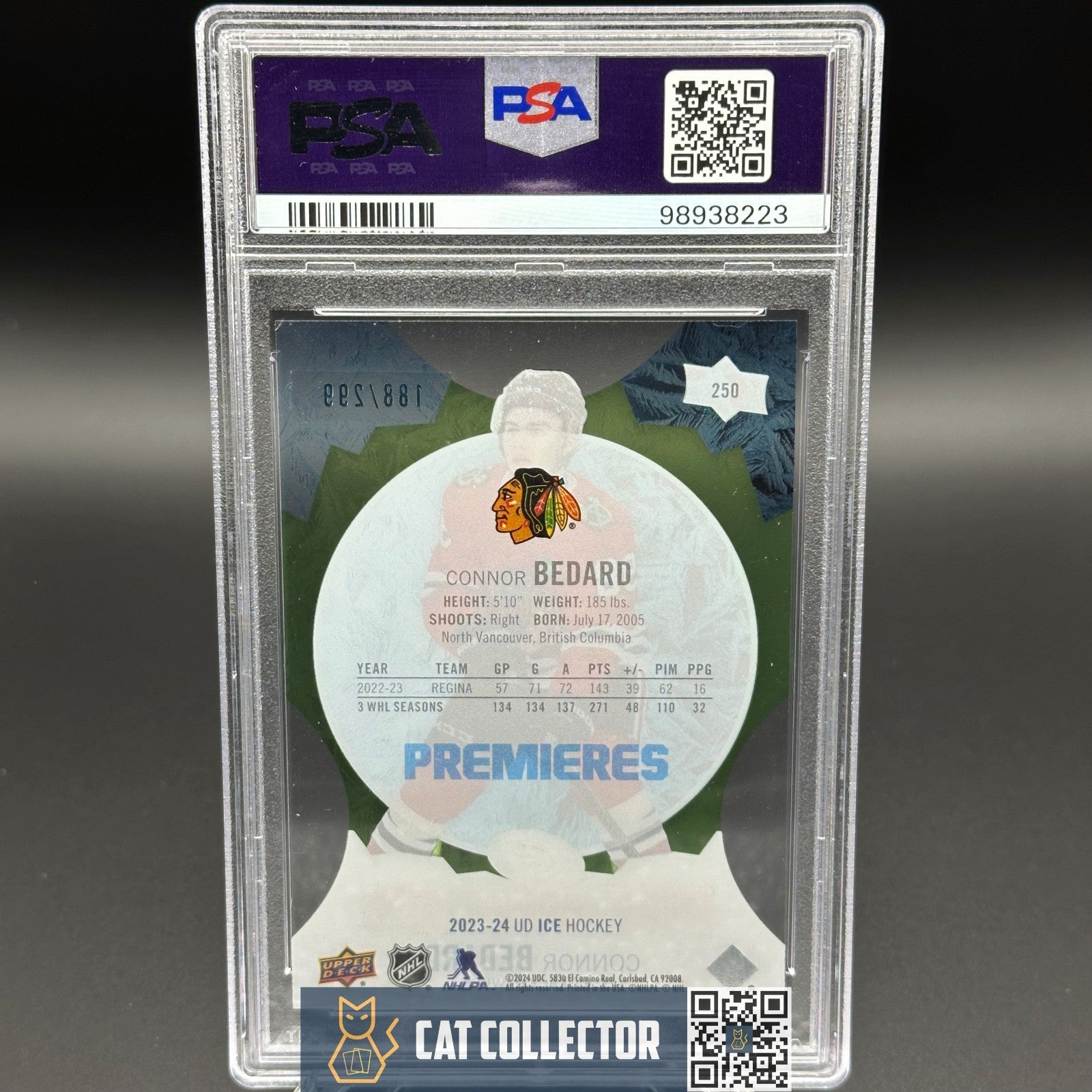 2023-24 UD Ice CONNOR BEDARD #250 Ice Premieres Green Parallel RC /299 PSA 10