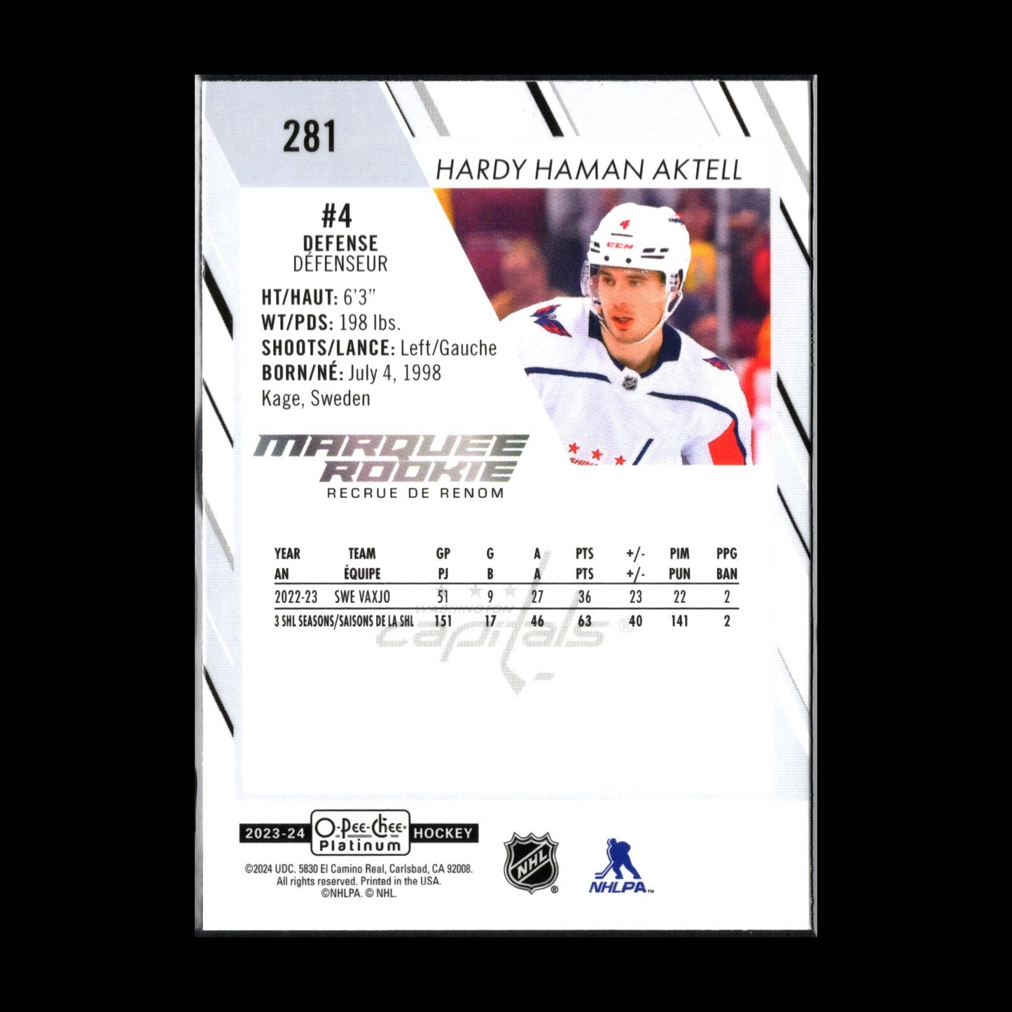 2023-24 OPC Platinum HARDY HAMAN AKTELL #281 Marquee rookie Washington Capitals