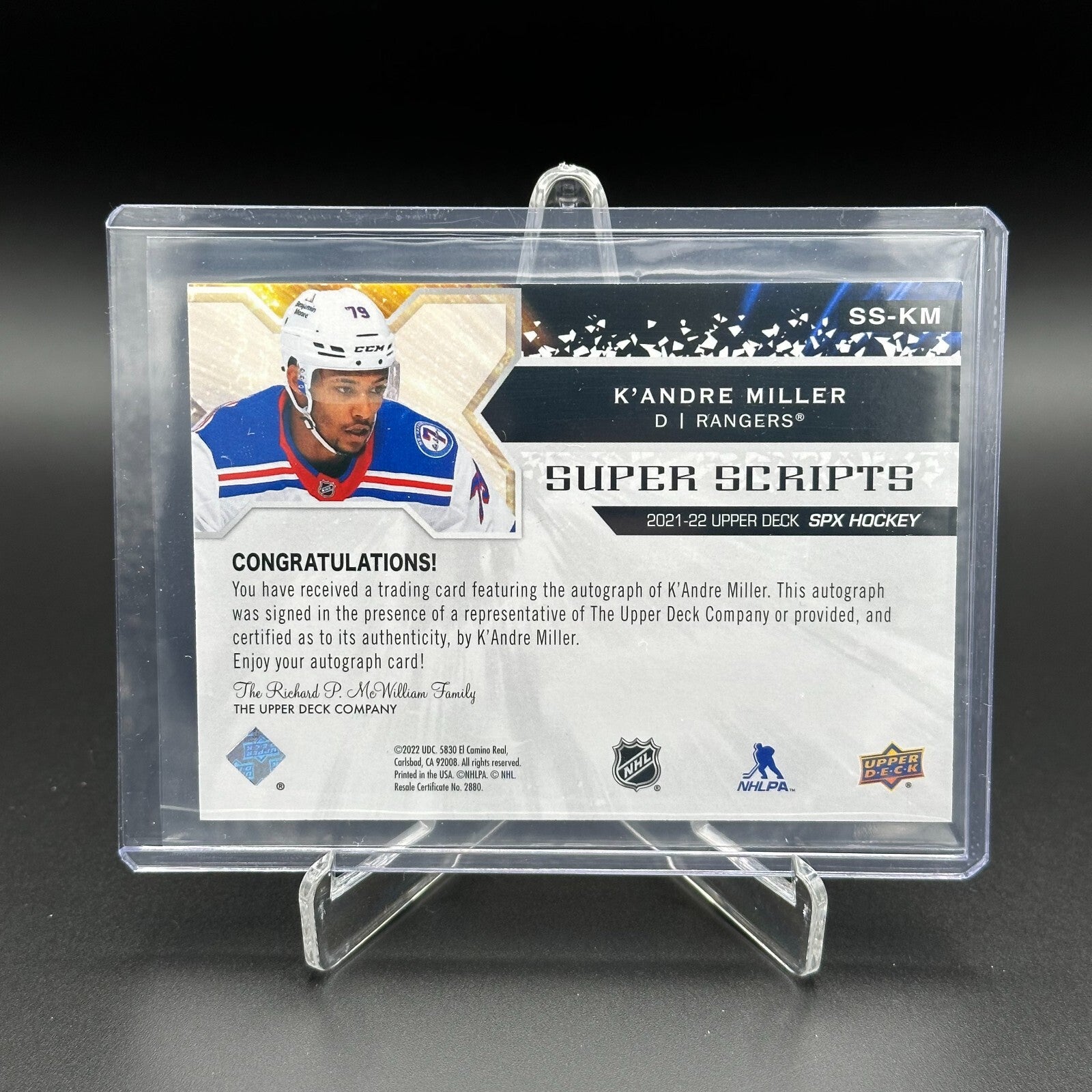 2021-22 UD SPx K'ANDRE MILLER #SS-KM Super Scripts Autograph - New York Rangers