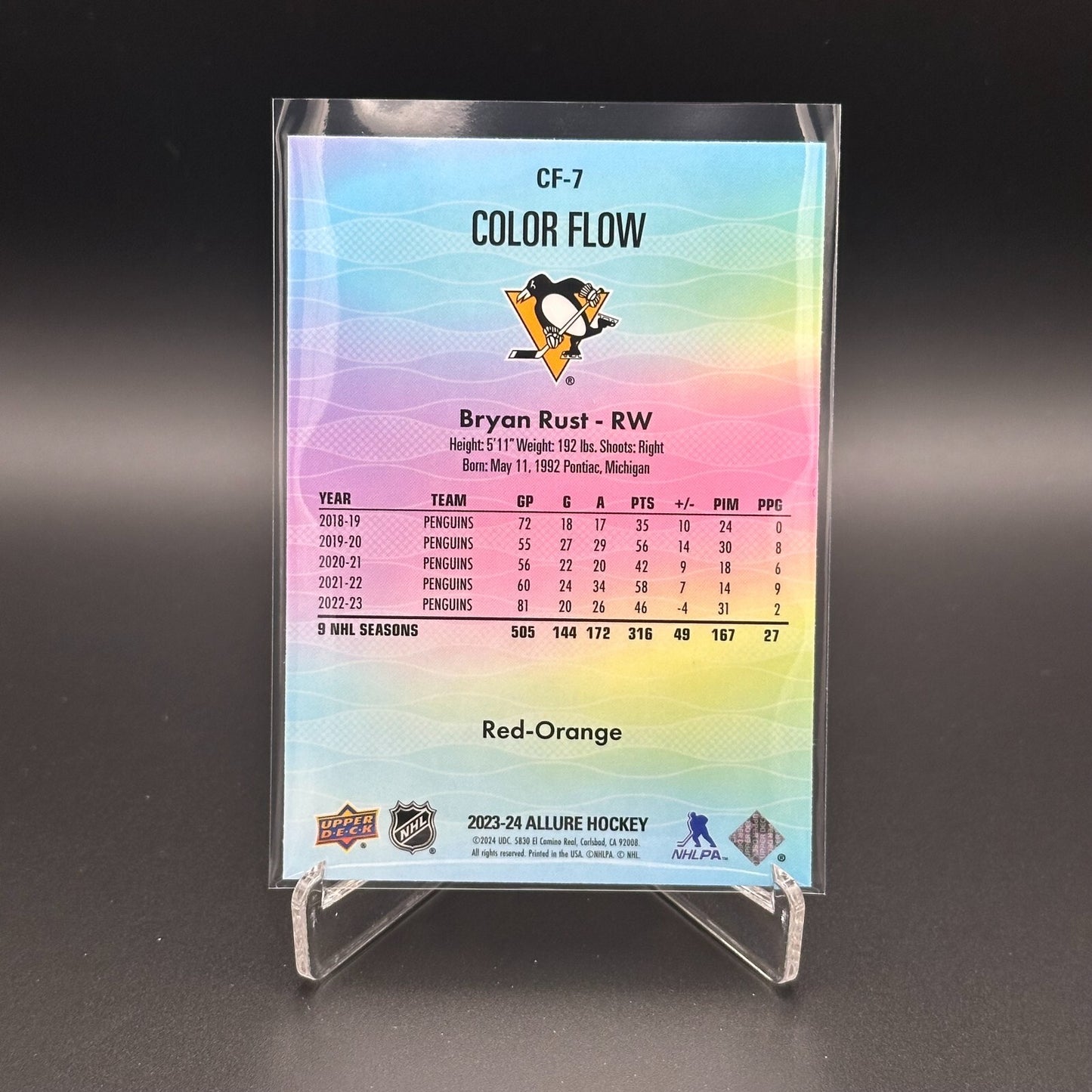 2023-24 UD Allure BRYAN RUST #CF-7 Color Flow Red-Orange - Pittsburgh Penguins