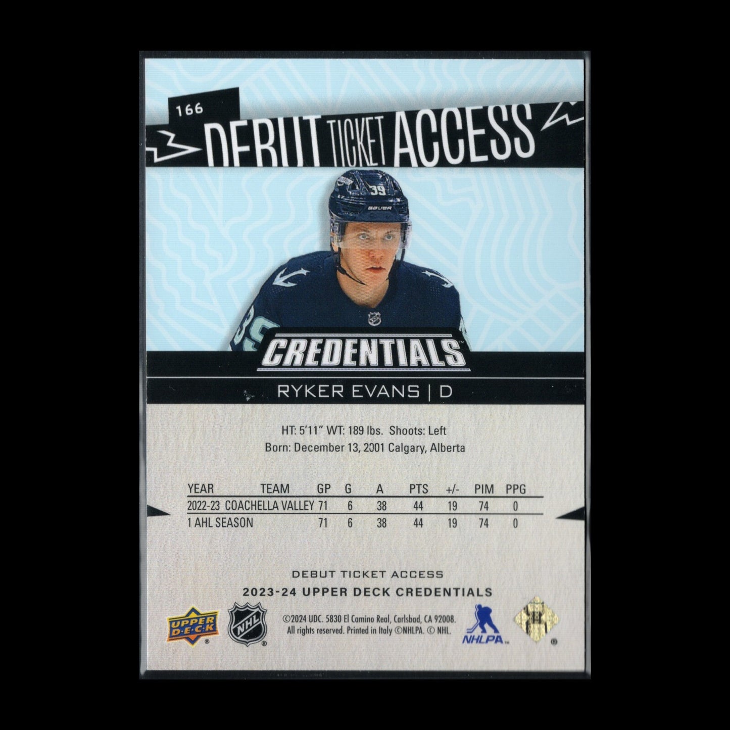 2023-24 UD Credentials RYKER EVANS #166 Debut Ticket Access Rookie RC /799