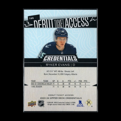 2023-24 UD Credentials RYKER EVANS #166 Debut Ticket Access Rookie RC /799