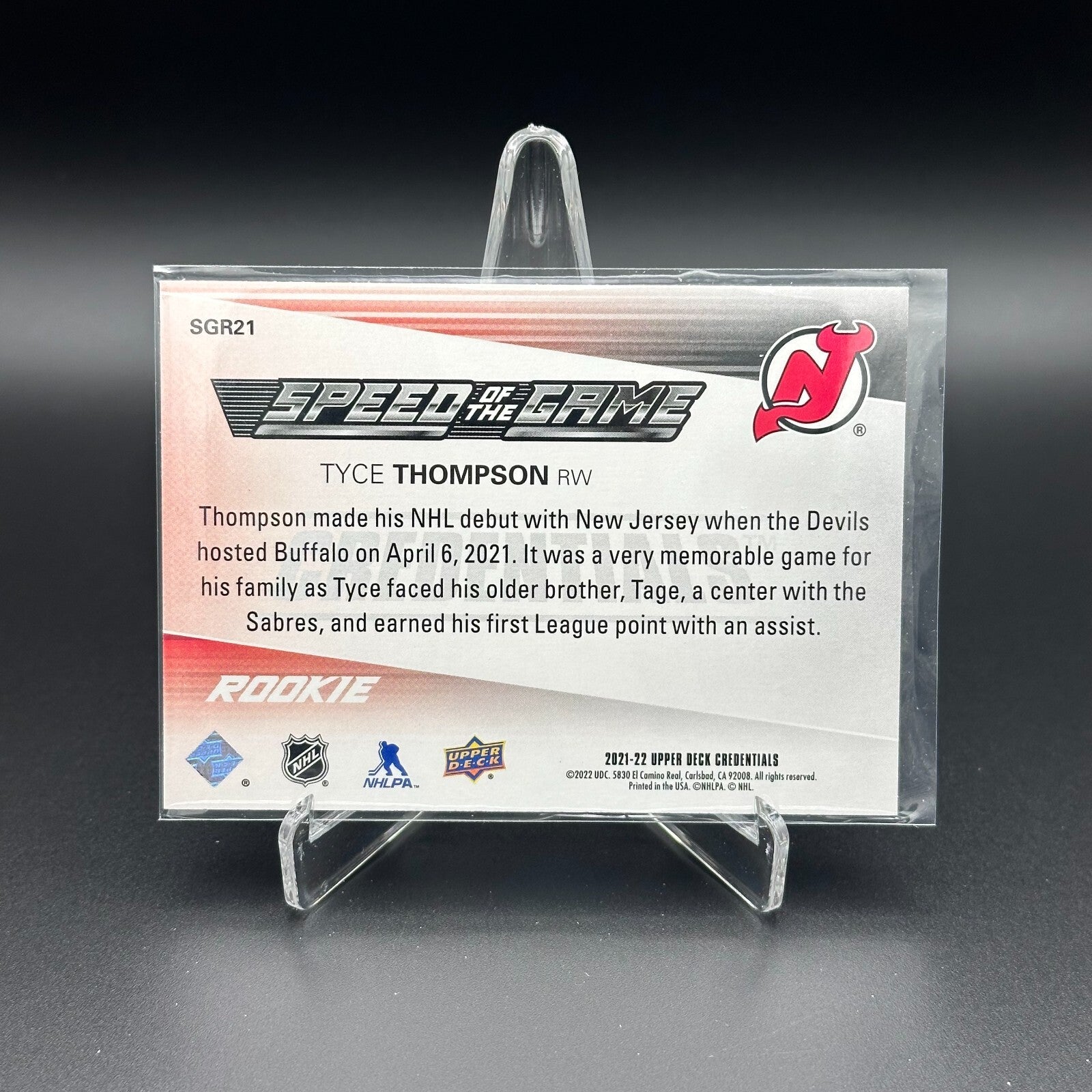 2021-22 UD Credentials TYCE THOMPSON #SGR21 Speed of the Game RC