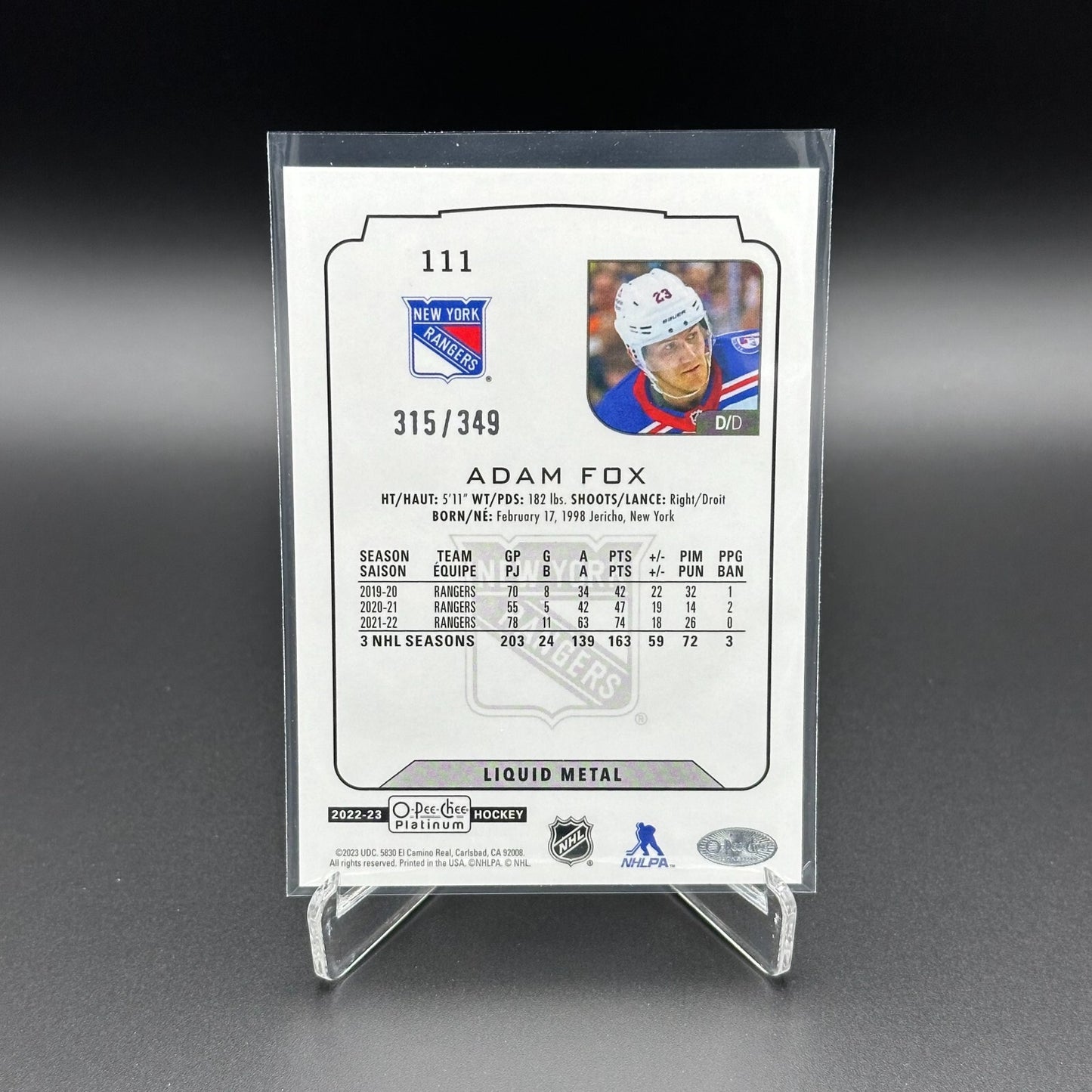 2022-23 O-Pee-Chee Platinum ADAM FOX #111 Liquid Metal 315/349 - NY Rangers