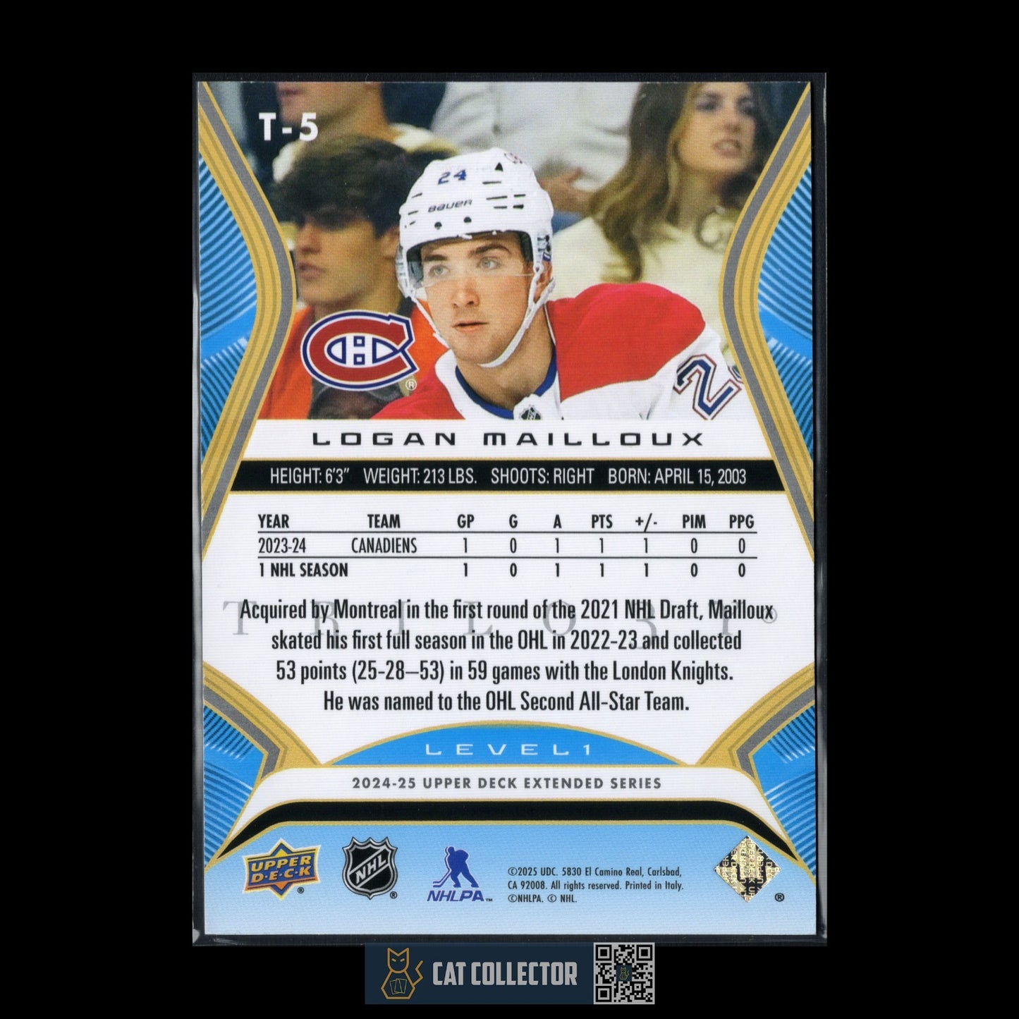 2024-25 UD Extended series LOGAN MAILLOUX #T-5 Trilogy Rookie premieres Level 1