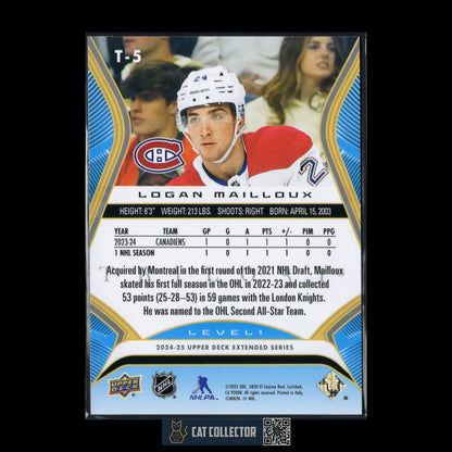 2024-25 UD Extended series LOGAN MAILLOUX #T-5 Trilogy Rookie premieres Level 1