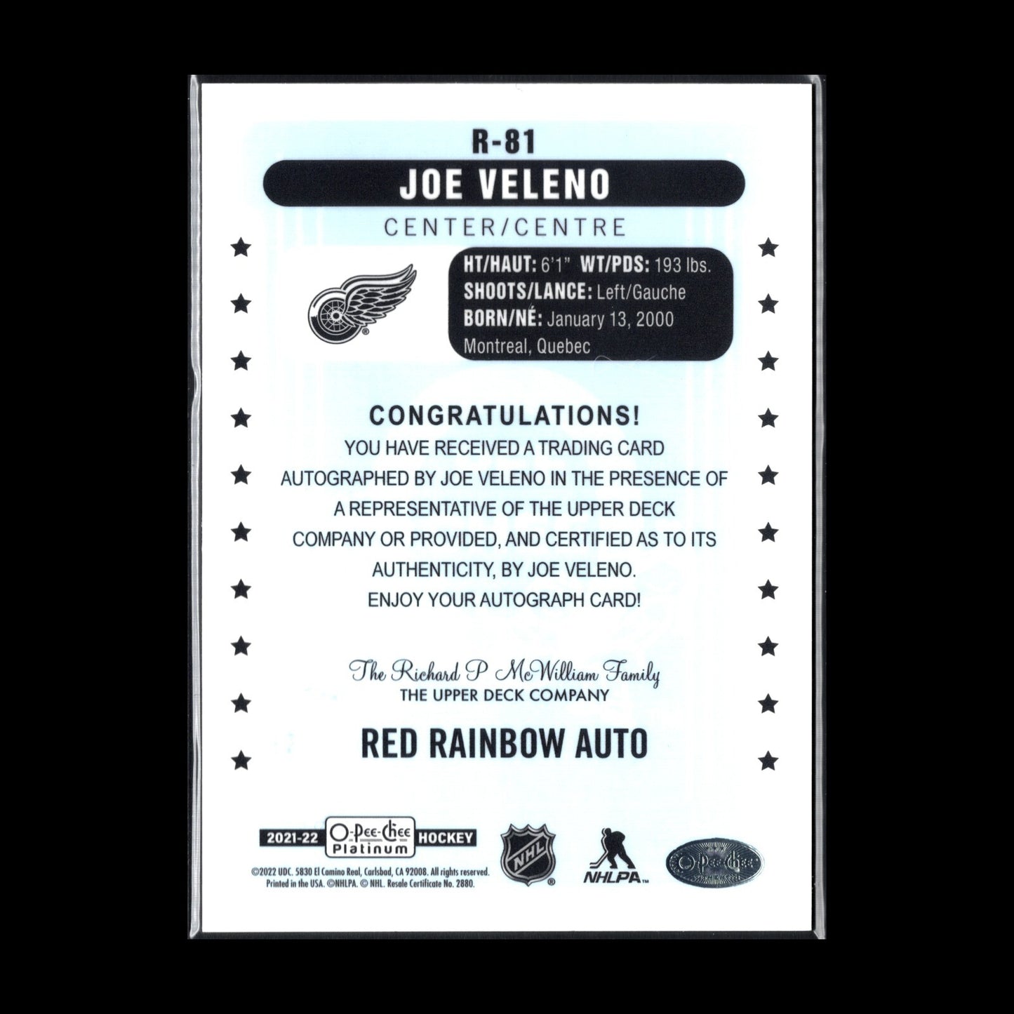 2021-22 O-Pee-Chee Platinum JOE VELENO #R-81 Retro Rainbow Red Rookie RC