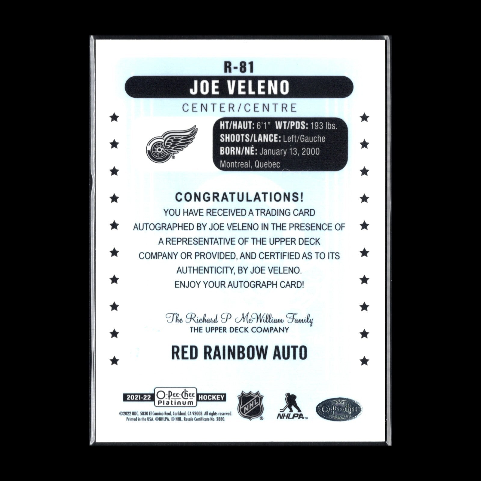2021-22 O-Pee-Chee Platinum JOE VELENO #R-81 Retro Rainbow Red Rookie RC