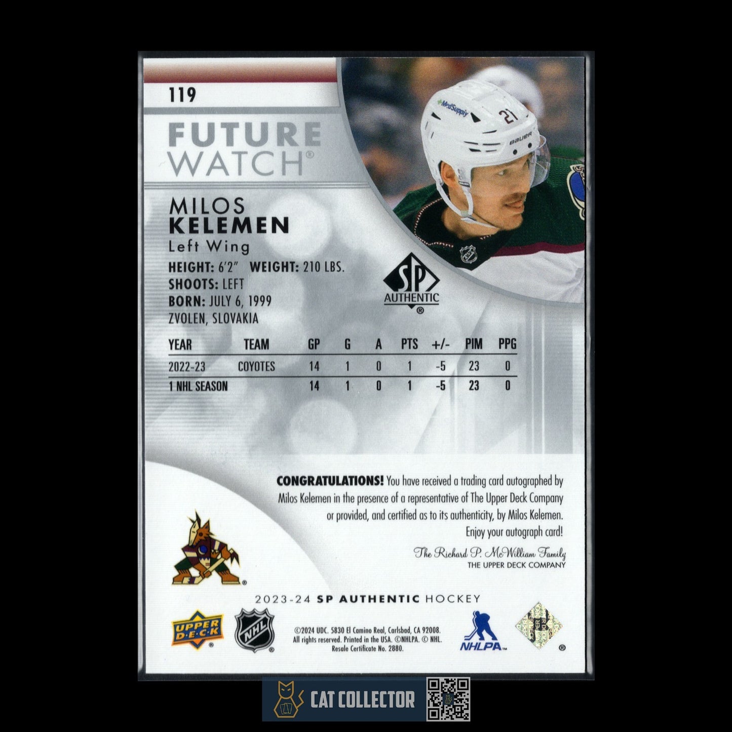 2023-24 UD SP Authentic MILOS KELEMEN #119 Future Watch AUTO Rookie RC /999
