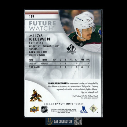 2023-24 UD SP Authentic MILOS KELEMEN #119 Future Watch AUTO Rookie RC /999