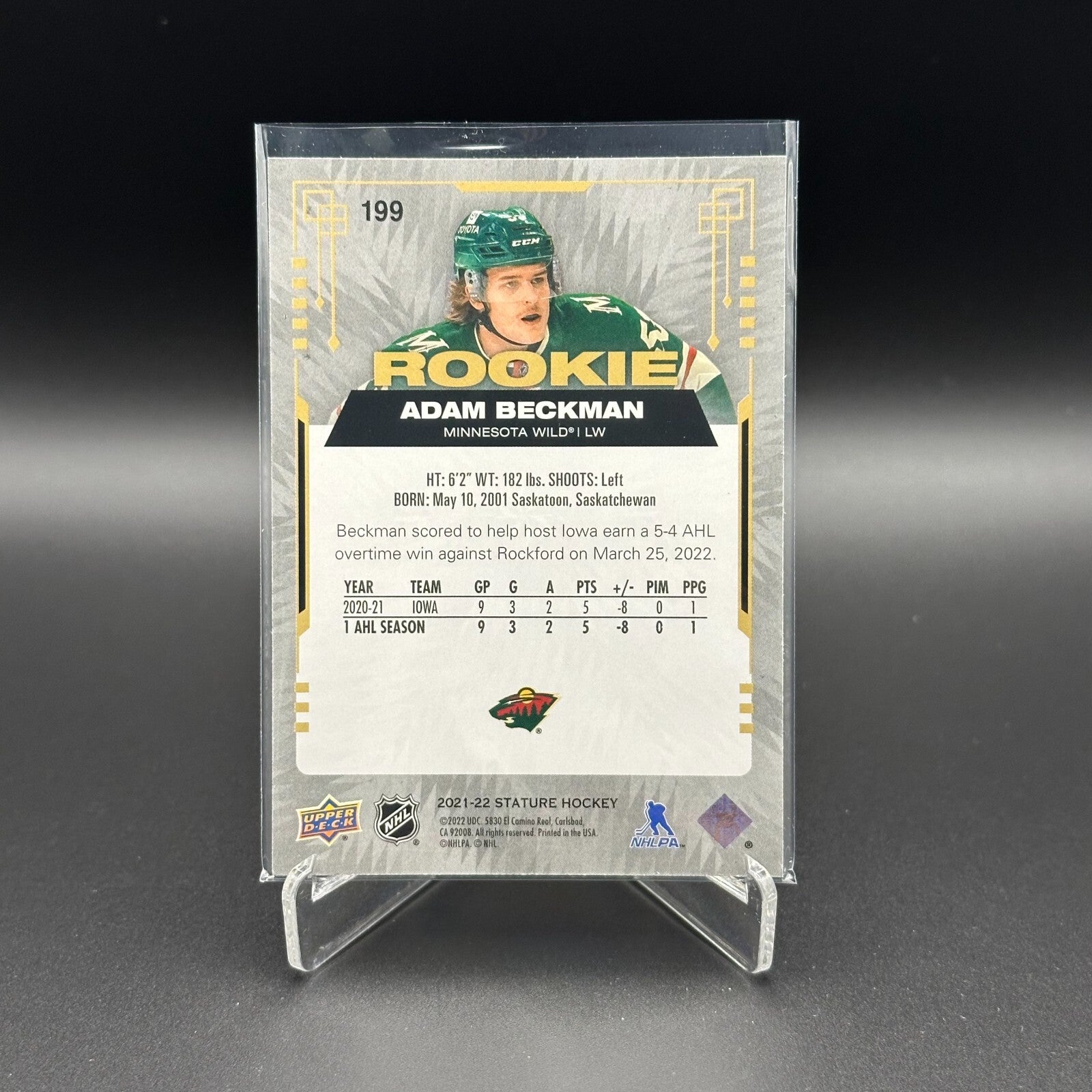 2022-23 UD Stature ADAM BECKMAN #199 Rookie RC - Minnesota Wild