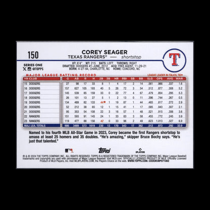 2024 Topps Series one COREY SEAGER Texas Rangers #150 Blue parallel