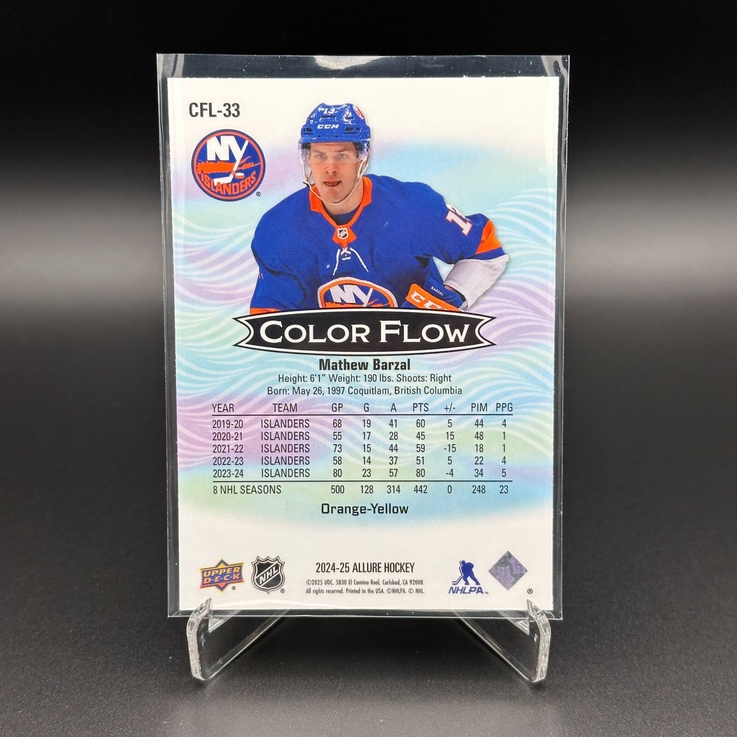 2024-25 UD Allure MATHEW BARZAL #CFL-33 Color Flow Orange-Yellow - NY Islanders