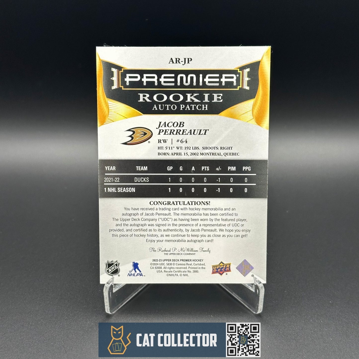 2022-23 UD Premier JACOB PERREAULT #AR-JP Rookie Auto Patch RC /249