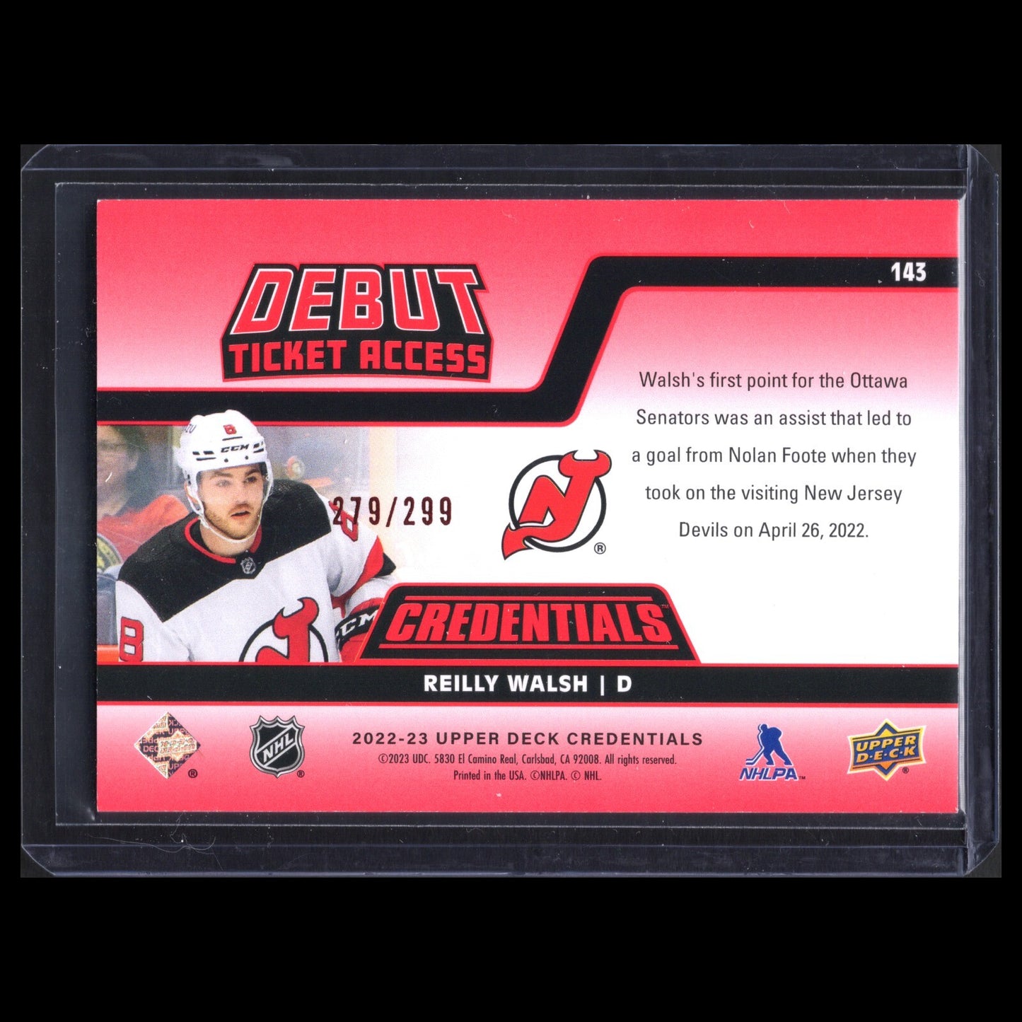 2022-23 UD Credentials REILLY WALSH #143 Debut Ticket Access Red RC 279/299
