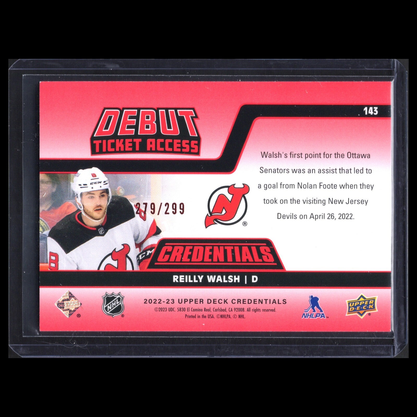 2022-23 UD Credentials REILLY WALSH #143 Debut Ticket Access Red RC 279/299