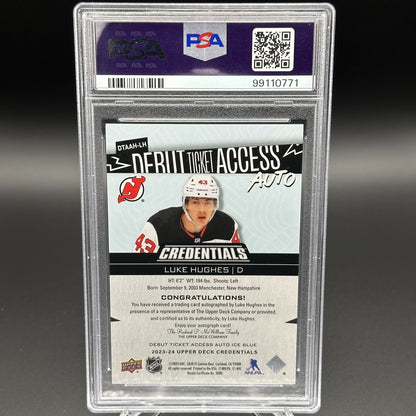 2023-24 UD Credentials LUKE HUGHES #DTAAH-LH Auto First print 1/35 RC PSA 8