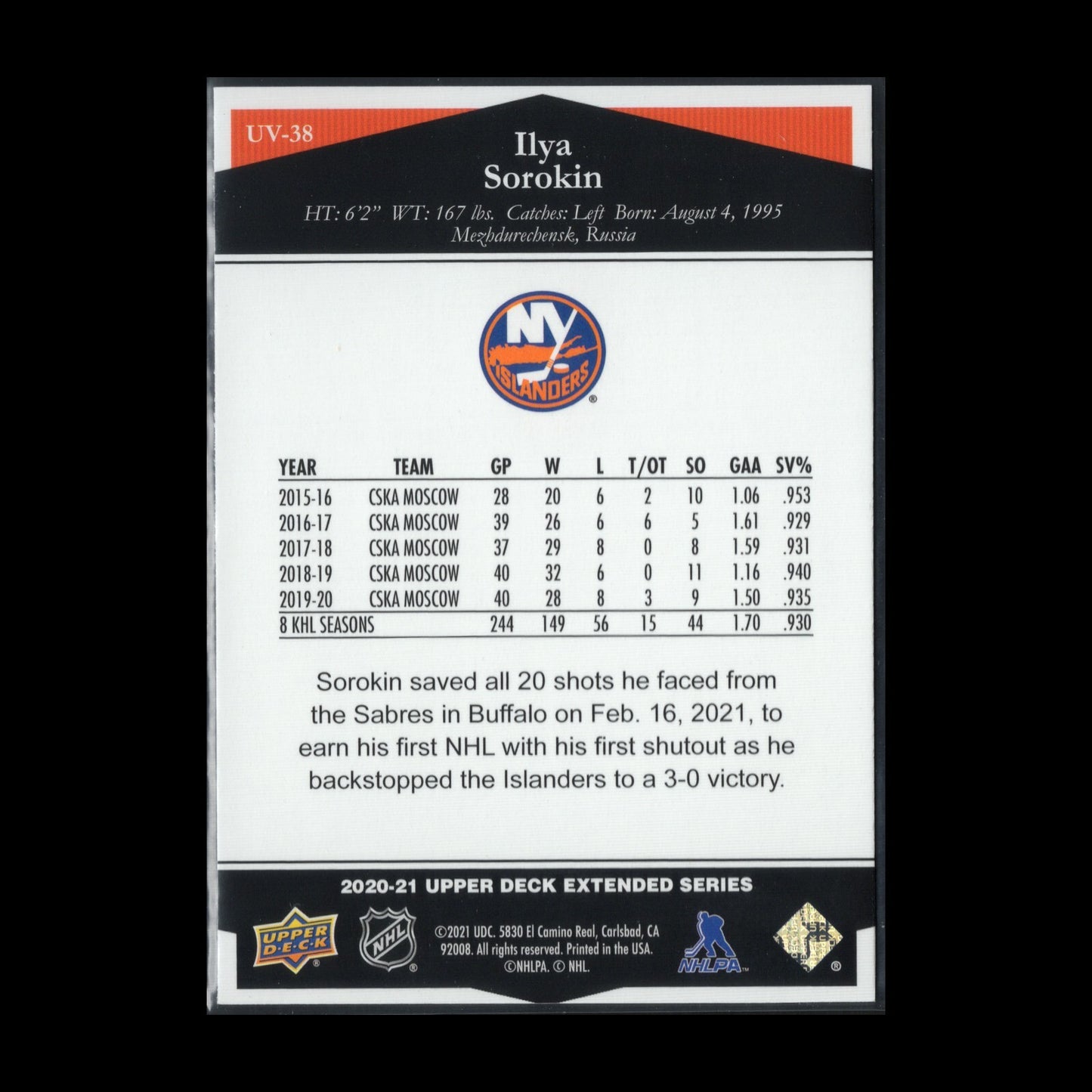 2020-21 UD Extended Series ILYA SOROKIN #UV-38 Ultimate Victory Rookie RC