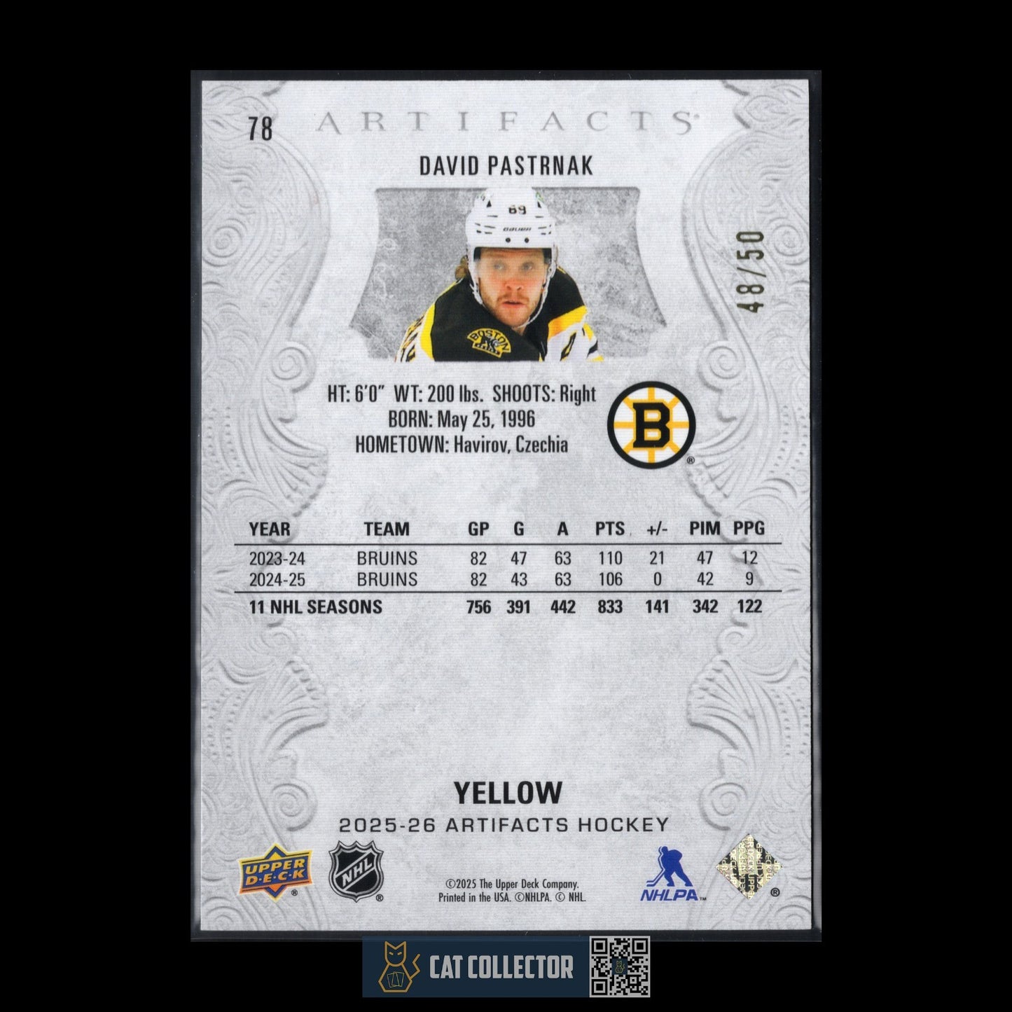 2025-26 UD Artifacts DAVID PASTRNAK #78 Yellow /50 Boston Bruins