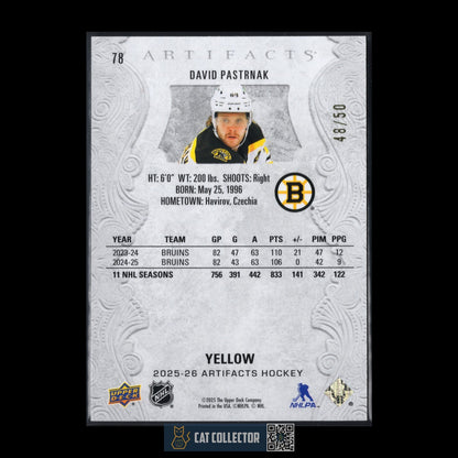 2025-26 UD Artifacts DAVID PASTRNAK #78 Yellow /50 Boston Bruins