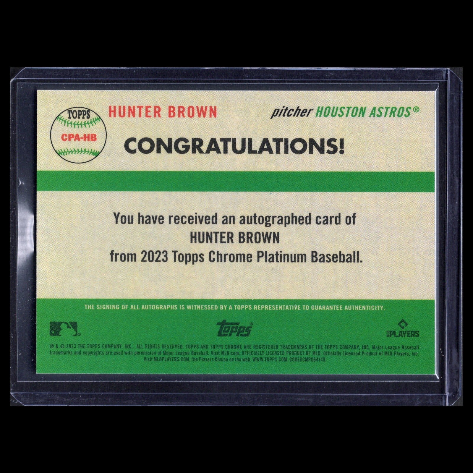 2023 Topps Chrome Platinum HUNTER BROWN #CPA-HB Aqua Refractor RC /150 Auto
