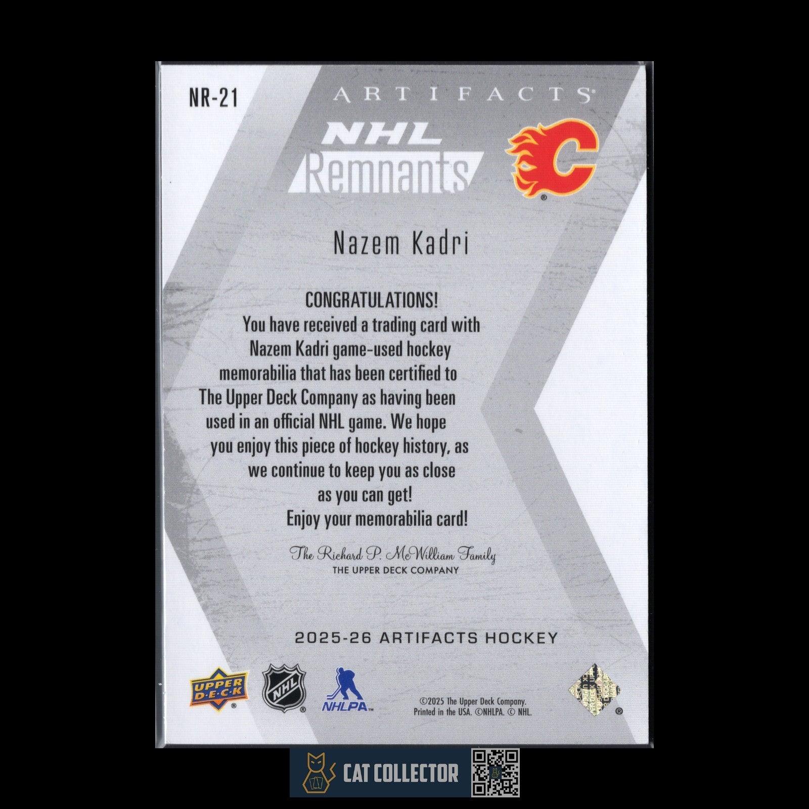 2025-26 UD Artifacts NAZEM KADRI #NR-21 NHL Remnants Jersey - Calgary Flames