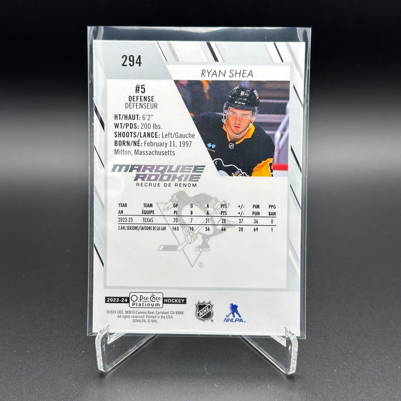 2023-24 OPC Platinum RYAN SHEA #294 Marquee rookie RC - Pittsburgh Penguins