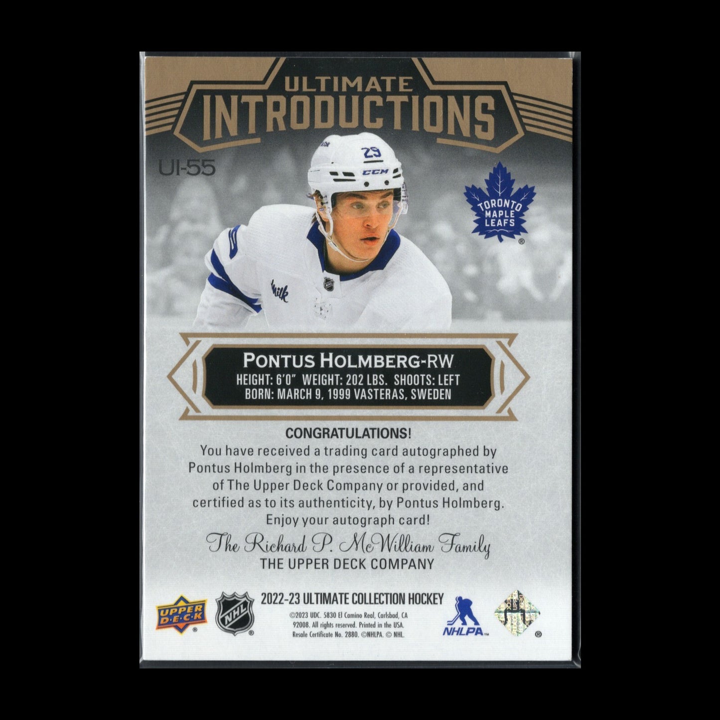2022-23 UD Ultimate Collection PONTUS HOLMBERG #UI-55 Introductions Rookie AUTO