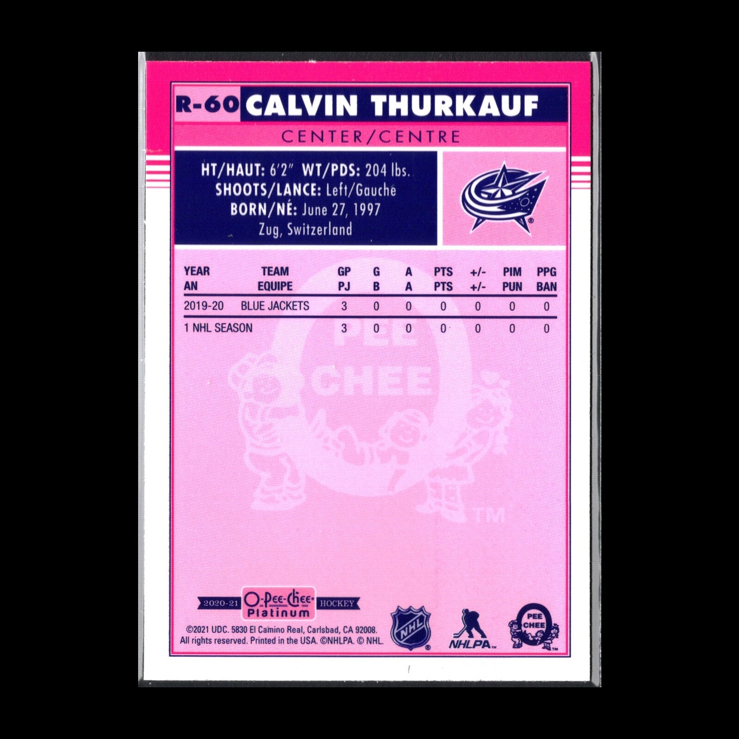 2020-21 O-Pee-Chee Platinum CALVIN THURKAUF #R-60 Marquee Rookie Retro RC