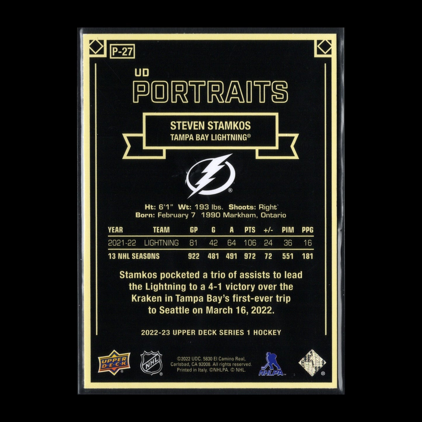 2022-23 UD Series 1 STEVEN STAMKOS #P-27 UD Portraits - Tampa Bay Lightning