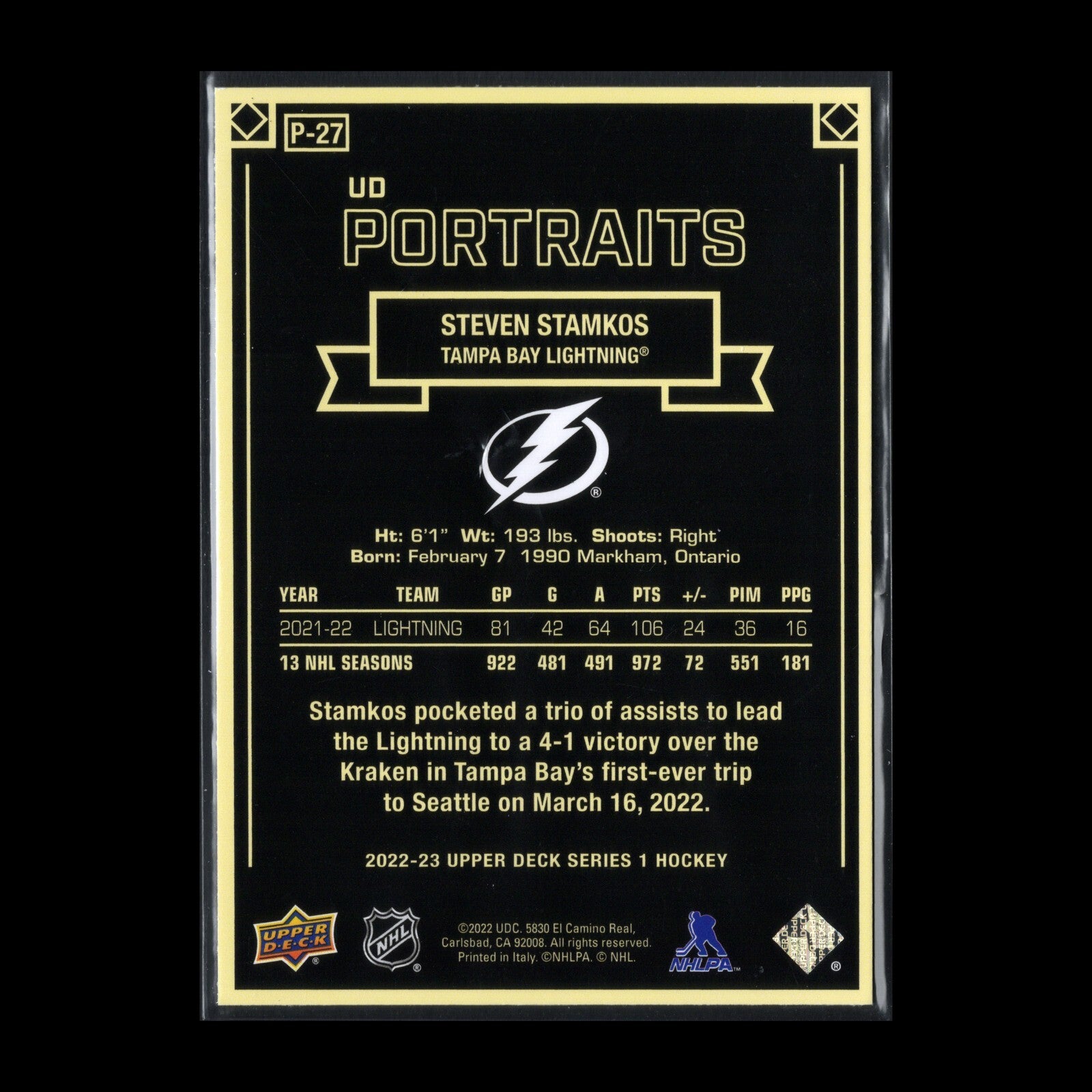 2022-23 UD Series 1 STEVEN STAMKOS #P-27 UD Portraits - Tampa Bay Lightning