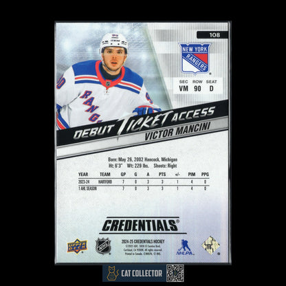 2024-25 UD Credentials VICTOR MANCINI #108 Debut Ticket Access 313/999 Rookie RC