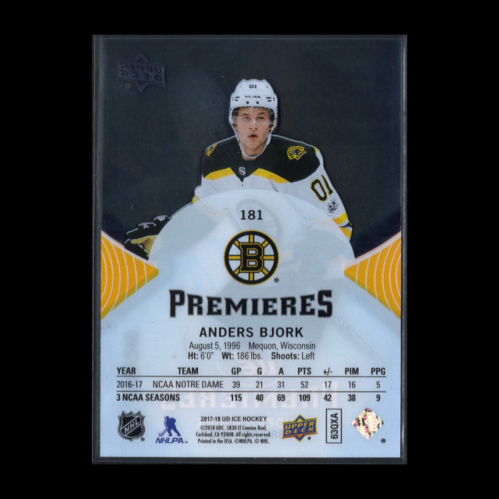 2017-18 UD Ice ANDERS BJORK #181 Ice Premieres Rookie RC /249 - Boston Bruins