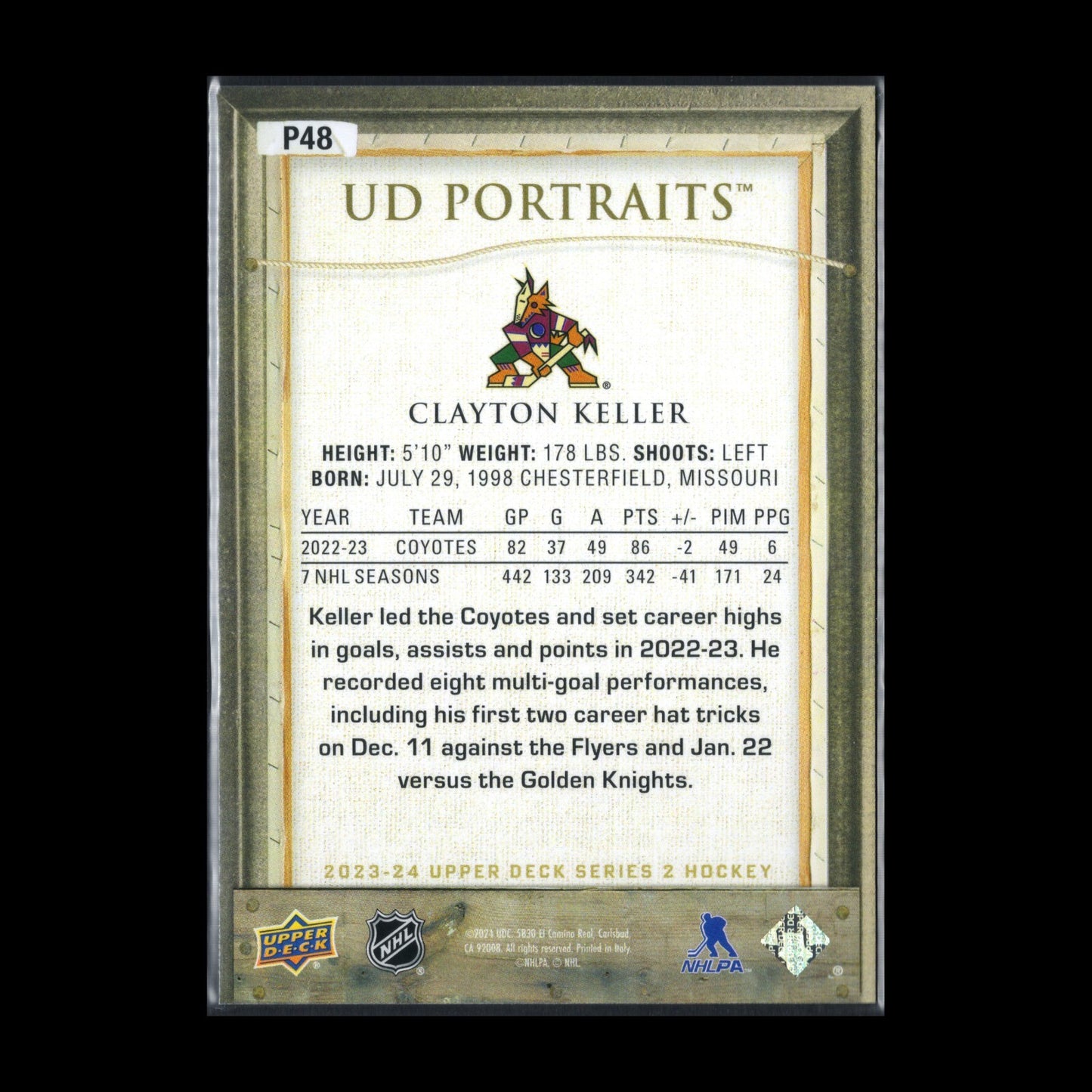 2023-24 UD Series 2 CLAYTON KELLER #P48 UD Portraits - Arizona Coyotes