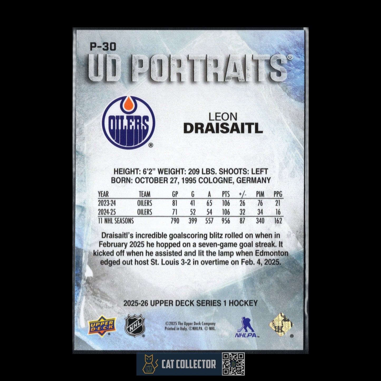 2025-26 UD Series 1 LEON DRAISAITL #P-30 UD Portraits - Edmonton Oilers