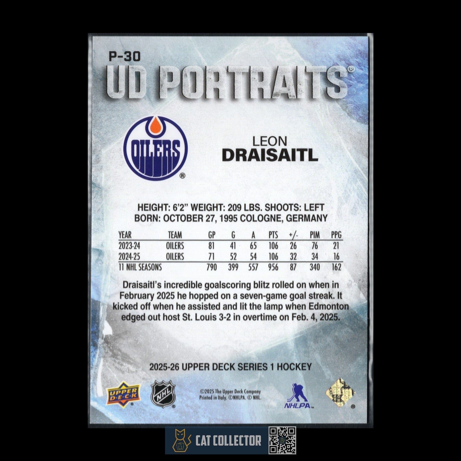 2025-26 UD Series 1 LEON DRAISAITL #P-30 UD Portraits - Edmonton Oilers