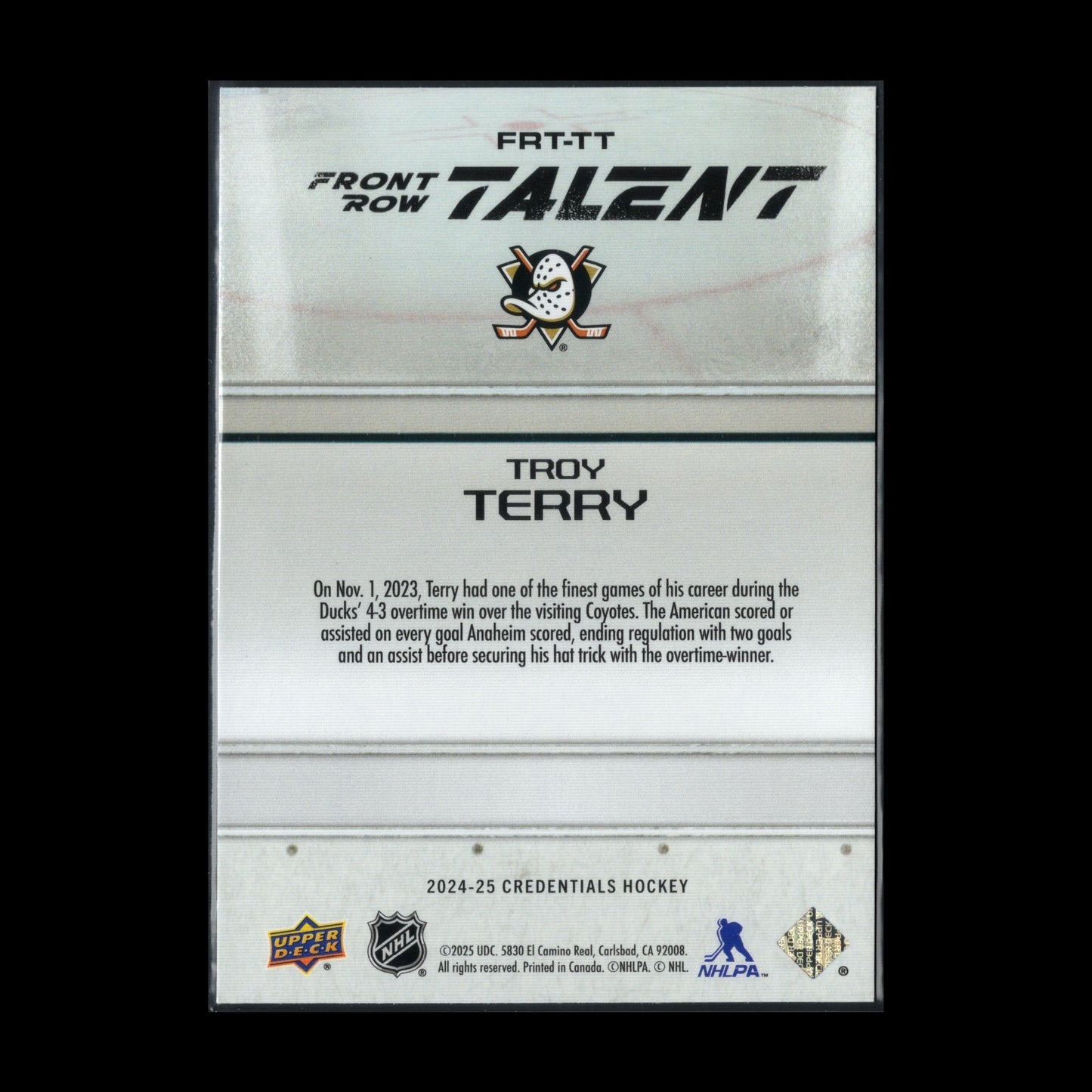 2024-25 UD Credentials TROY TERRY #FRT-TT Front Row Talent - Anaheim Ducks