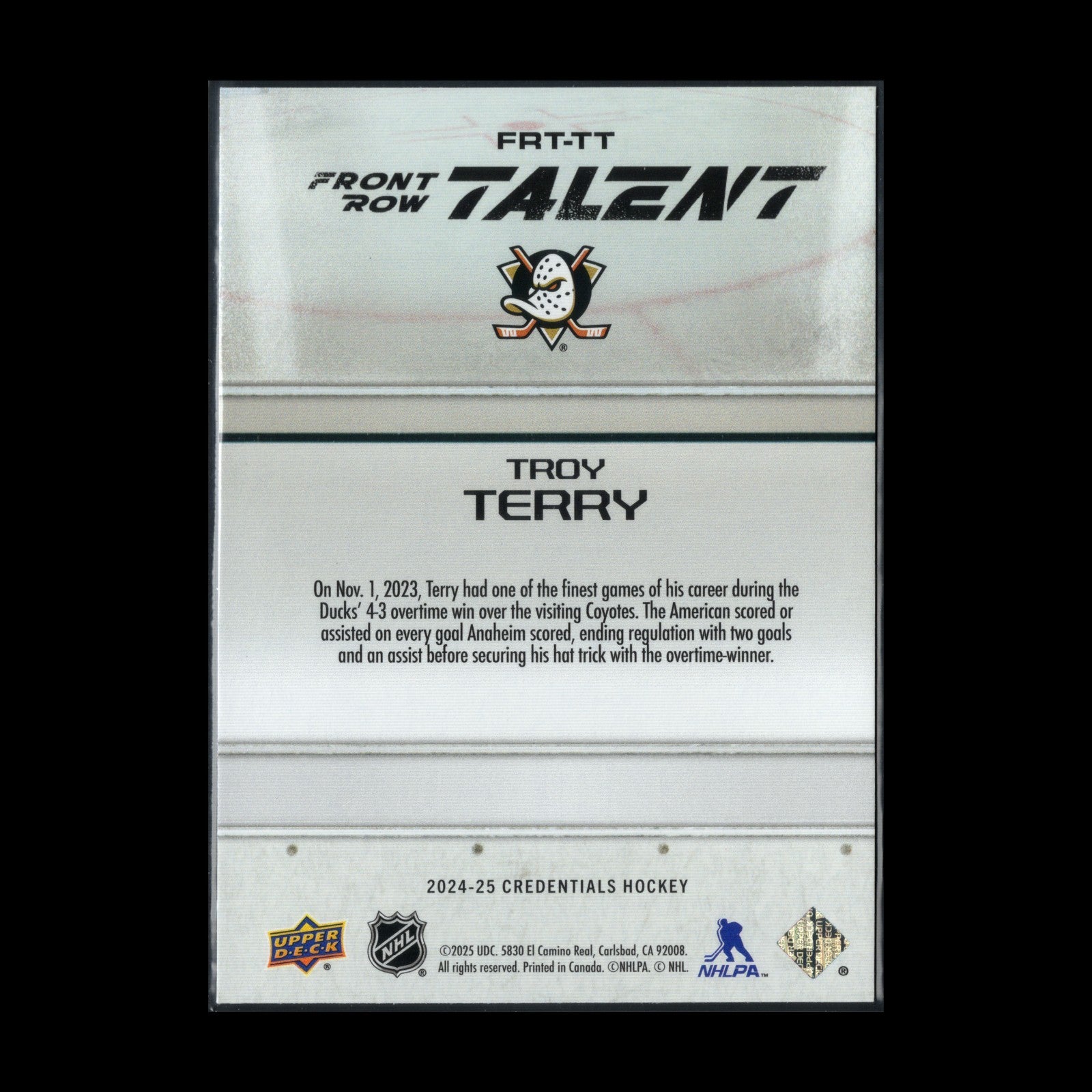 2024-25 UD Credentials TROY TERRY #FRT-TT Front Row Talent - Anaheim Ducks