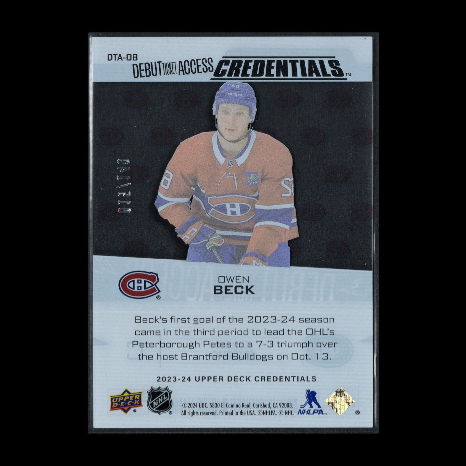 2023-24 UD Credentials OWEN BECK #DTA-OB Debut Ticket Access /149 Rookie RC