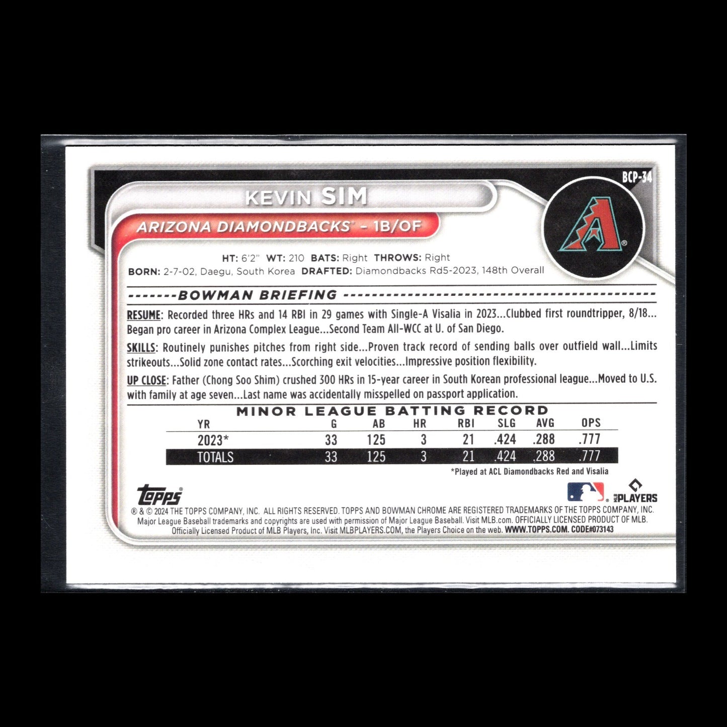 2024 Topps Chrome Bowman KEVIN SIM #BCP-34 Prospect RC - Arizona Diamondbacks