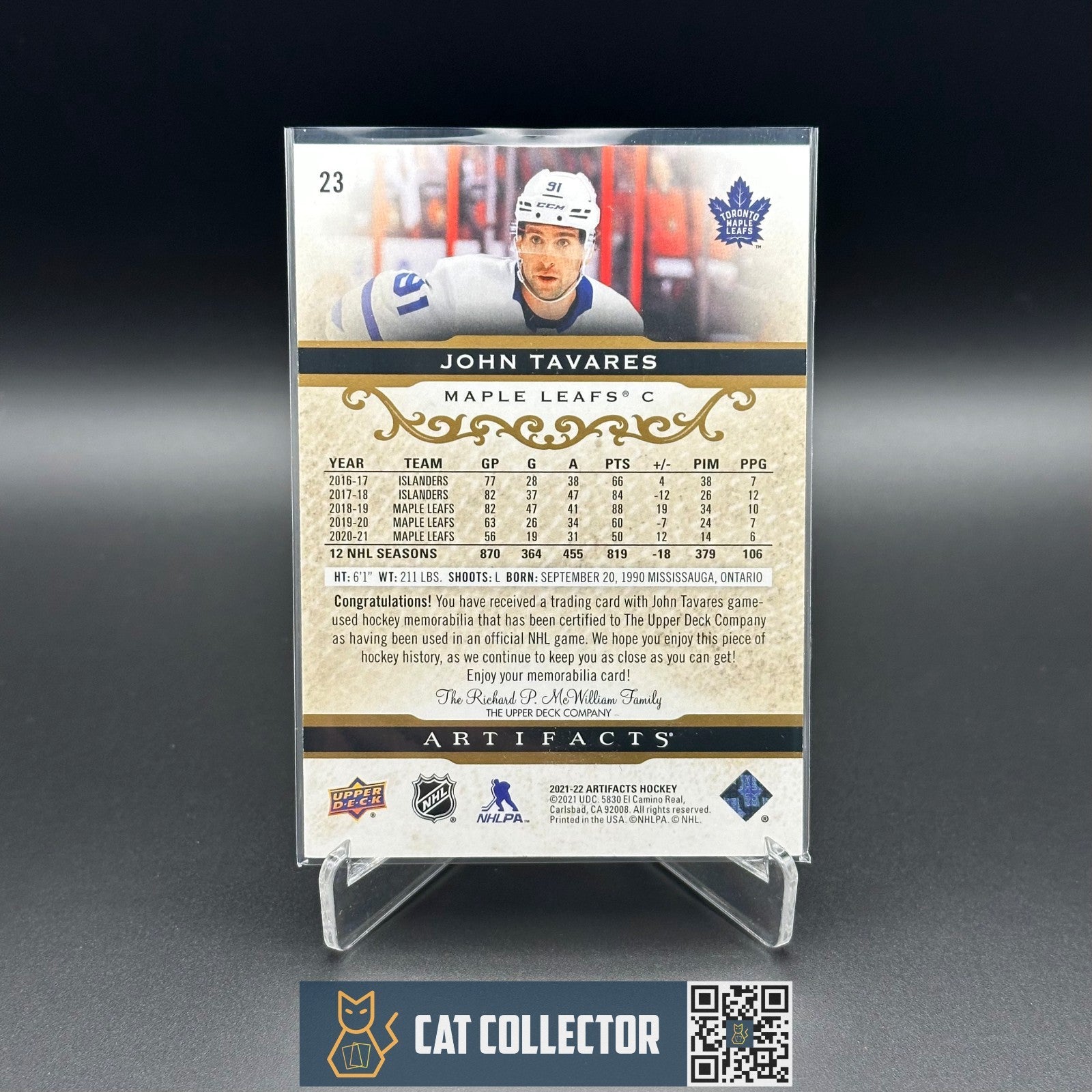 2021-22 UD Artifacts JOHN TAVARES #23 Gold Material Dual Jersey /249