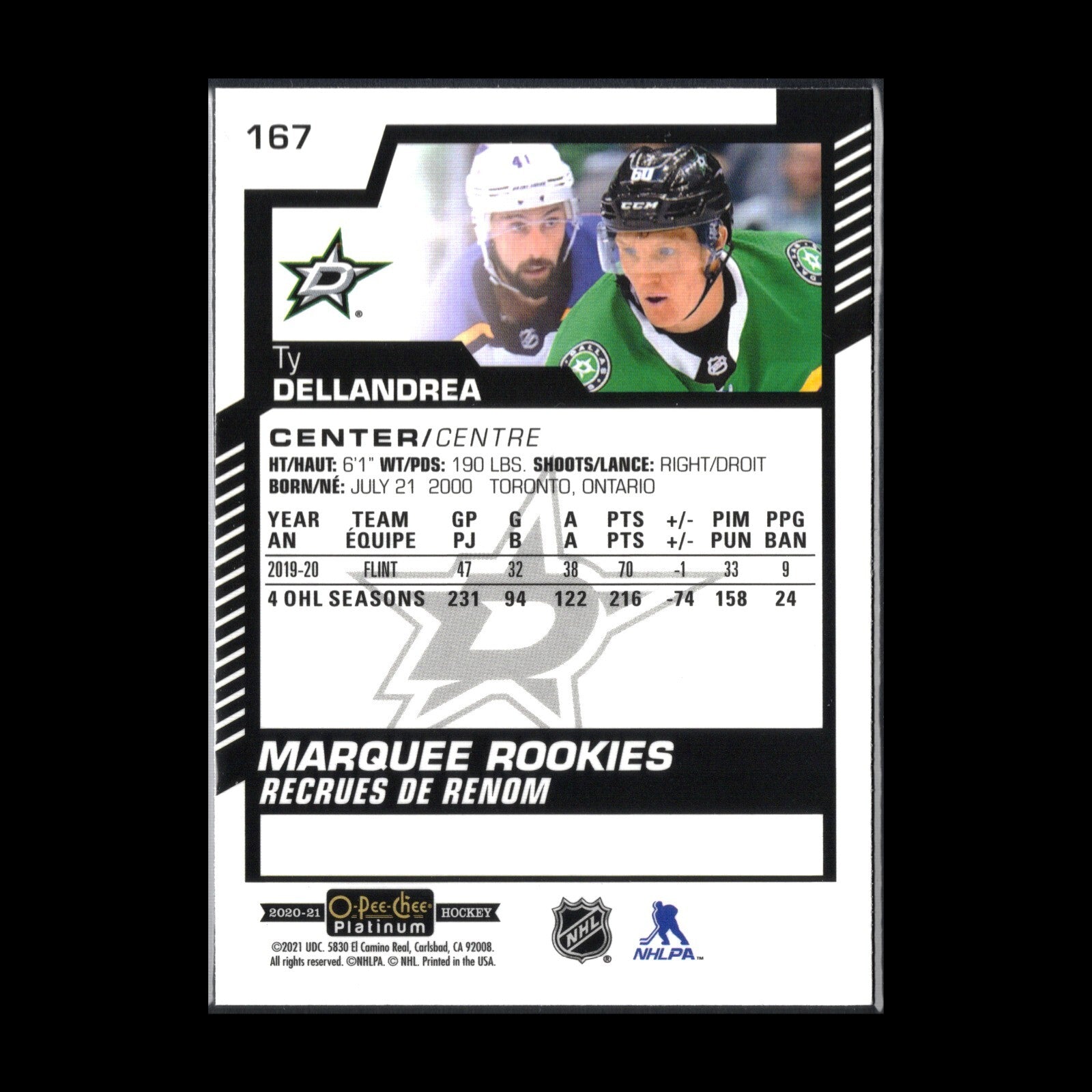 2020-21 O-Pee-Chee Platinum TY DELLANDREA #167 Marquee Rookies RC - Dallas Stars