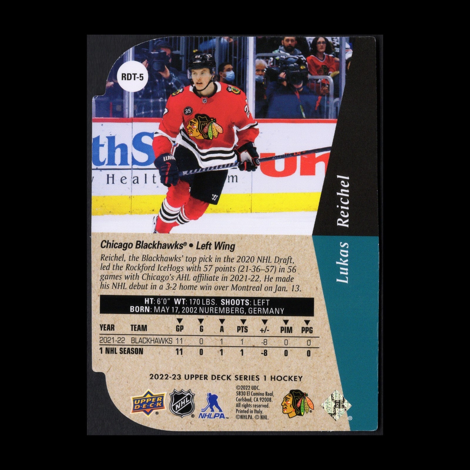 2022-23 UD Series 1 LUKAS REICHEL #RDT-5 Rookie Gold Die-cut Chicago Blackhawks