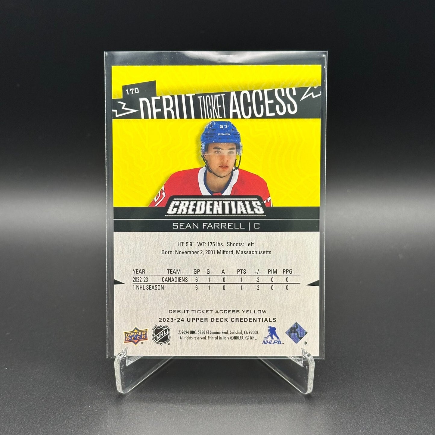 2023-24 UD Credentials SEAN FARRELL #170 Debut Ticket Access Yellow RC