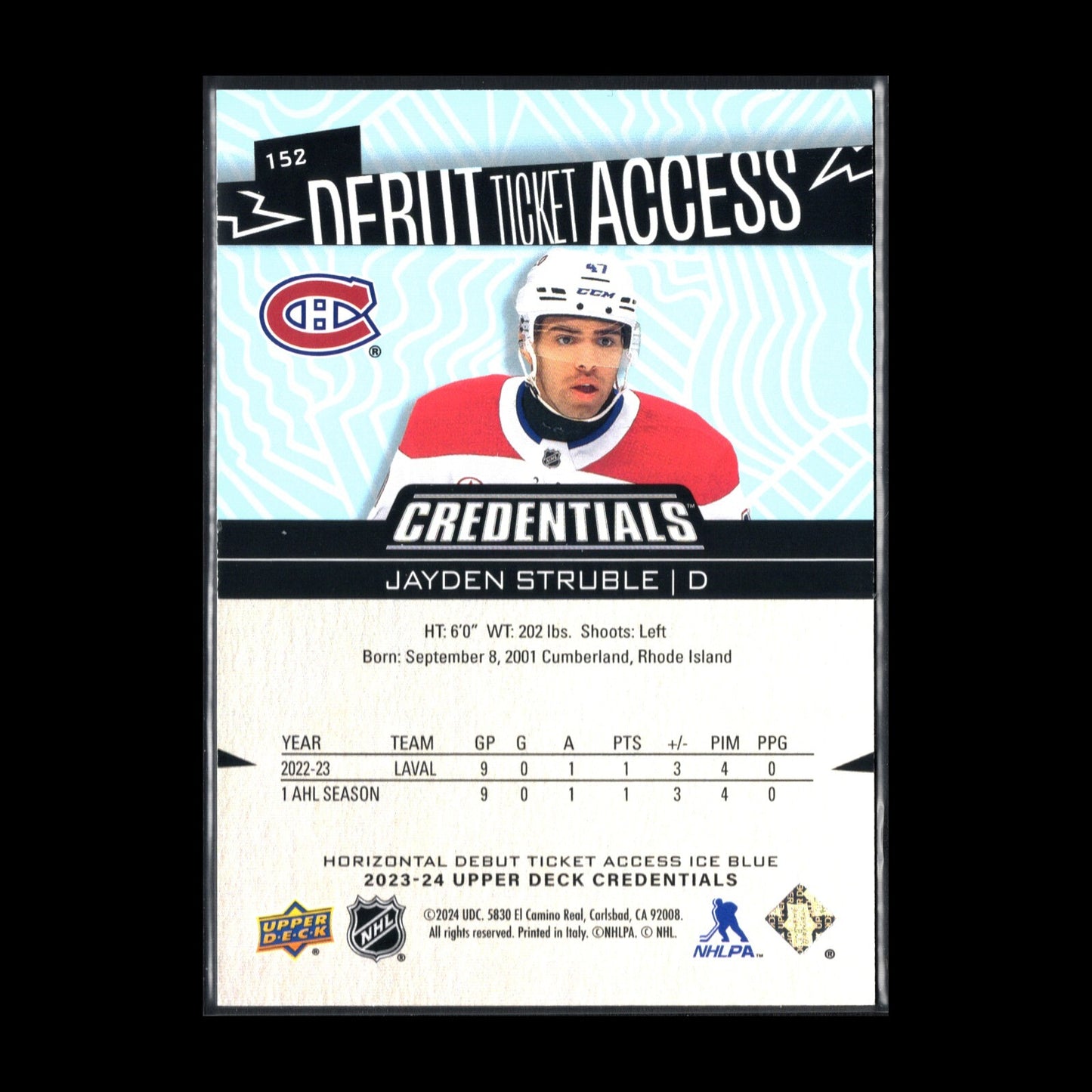 2023-24 UD Credentials JAYDEN STRUBLE #152 Debut Ticket Access RC /799