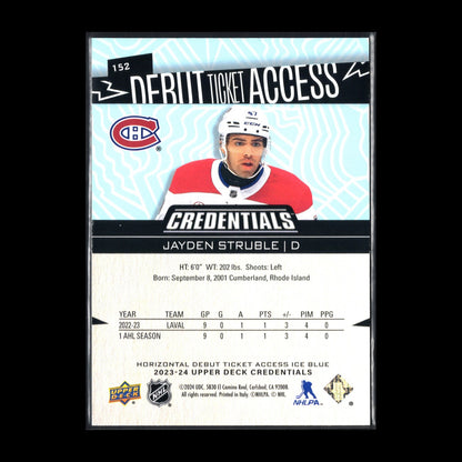 2023-24 UD Credentials JAYDEN STRUBLE #152 Debut Ticket Access RC /799