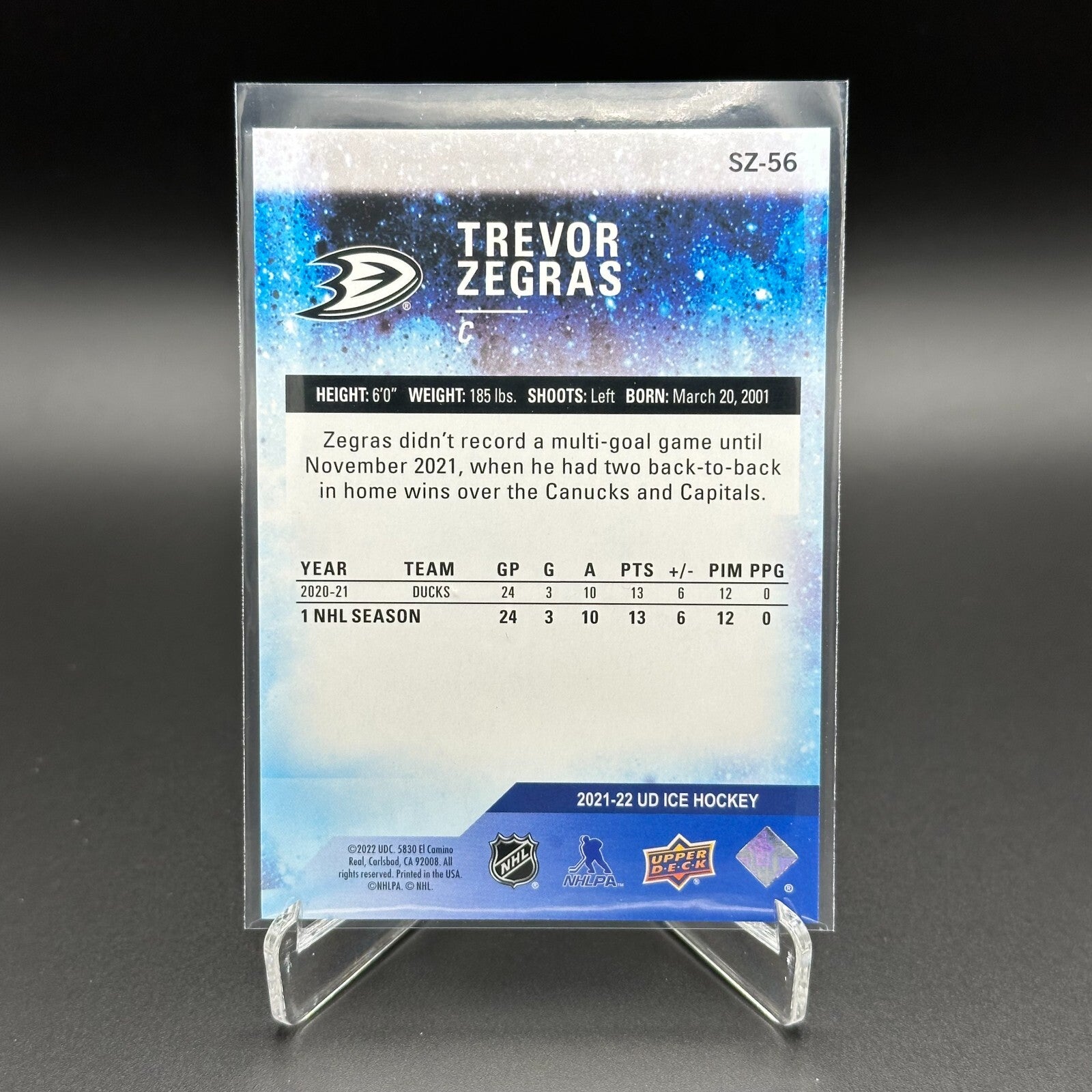 2021-22 UD Ice TREVOR ZEGRAS #SZ-56 Sub-Zero Rookies RC 832/999 - Anaheim Ducks