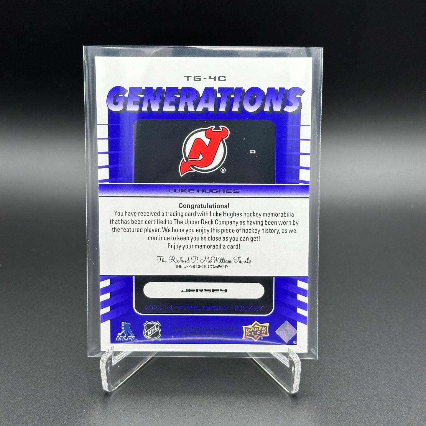 2023-24 UD Trilogy LUKE HUGHES #TG-4C Generations Jersey 34/99 New Jersey Devils