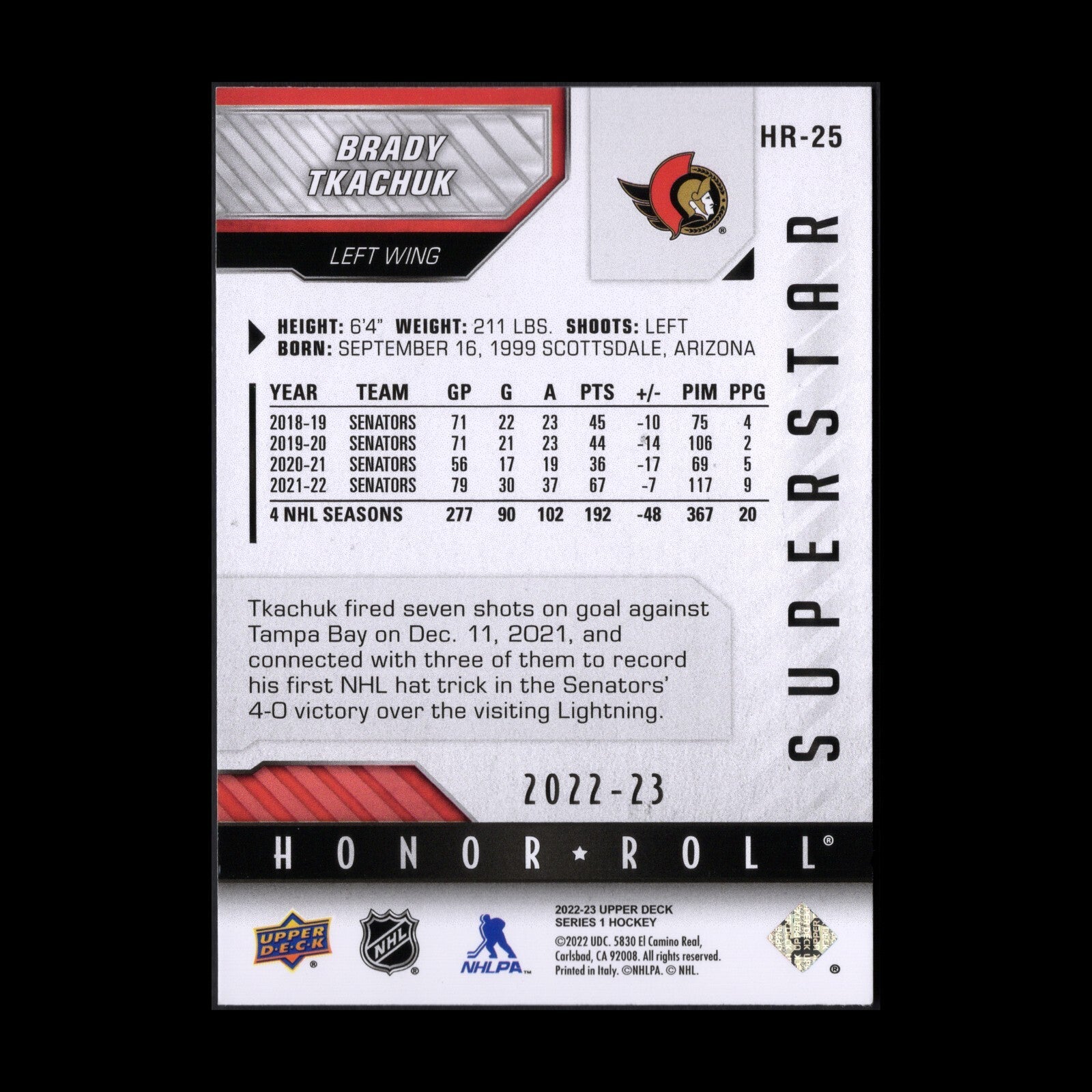 2022-23 UD Series 2 BRADY TKACHUK #HR-25 Superstar Honor Roll