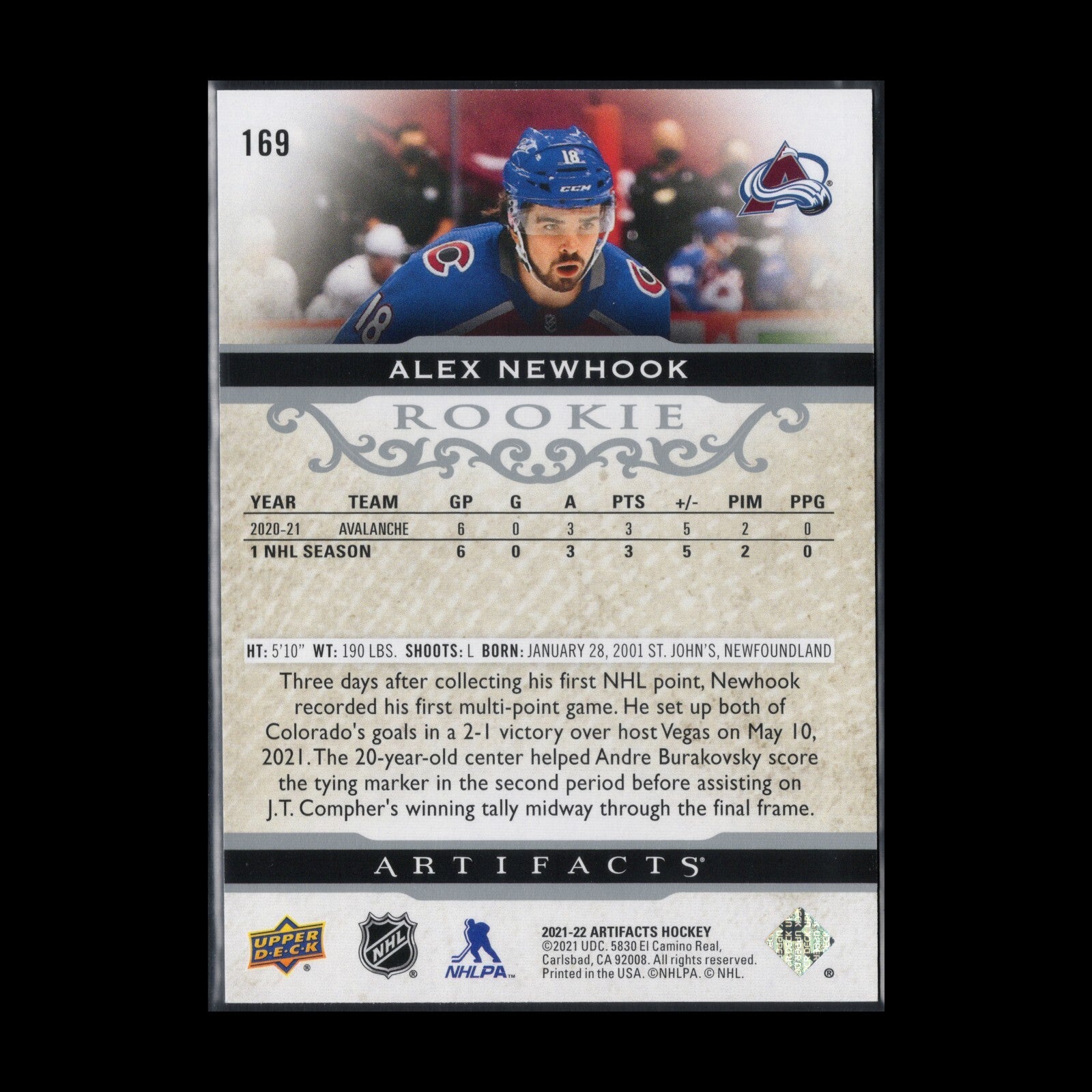 2021-22 UD Artifacts ALEX NEWHOOK #169 Rookie Silver Spectrum /299